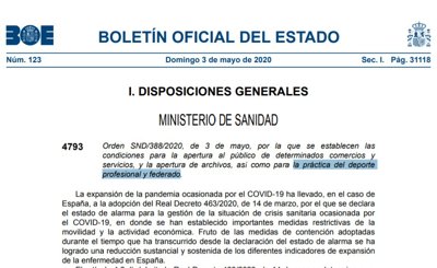 Condiciones de entrenamiento para deportistas profesionales y federados a partir del 4 de mayo